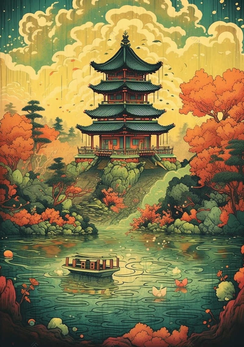蓝色手绘国潮风中式水榭阁楼背景,插画/手绘图,插画/手绘图库,插画/手绘图下载,插画/手绘